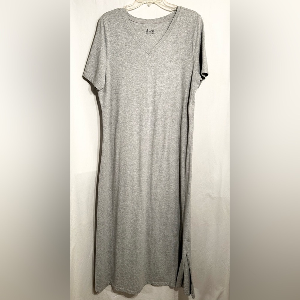 WOMENS LARGE ASH GRAY D&CO SHRT SLEEVE V-NECK SIDE SPLIT HEM DRESS LOUNGEWEAR